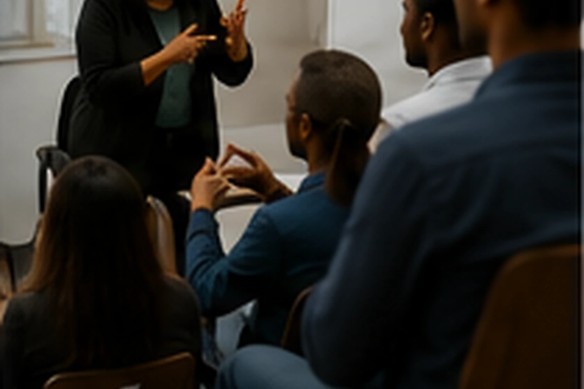Interpreter presenting during a professional workshop