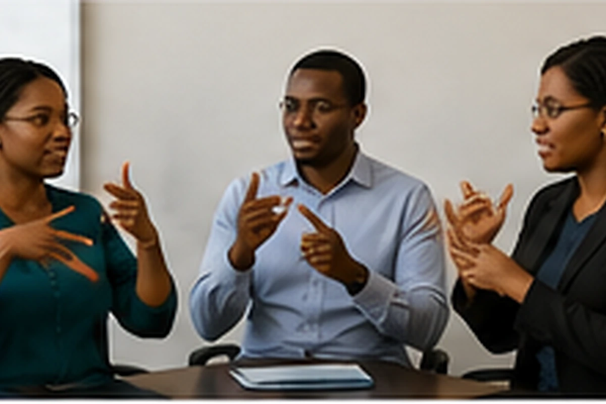 Three professionals communicating using sign language during a meeting
